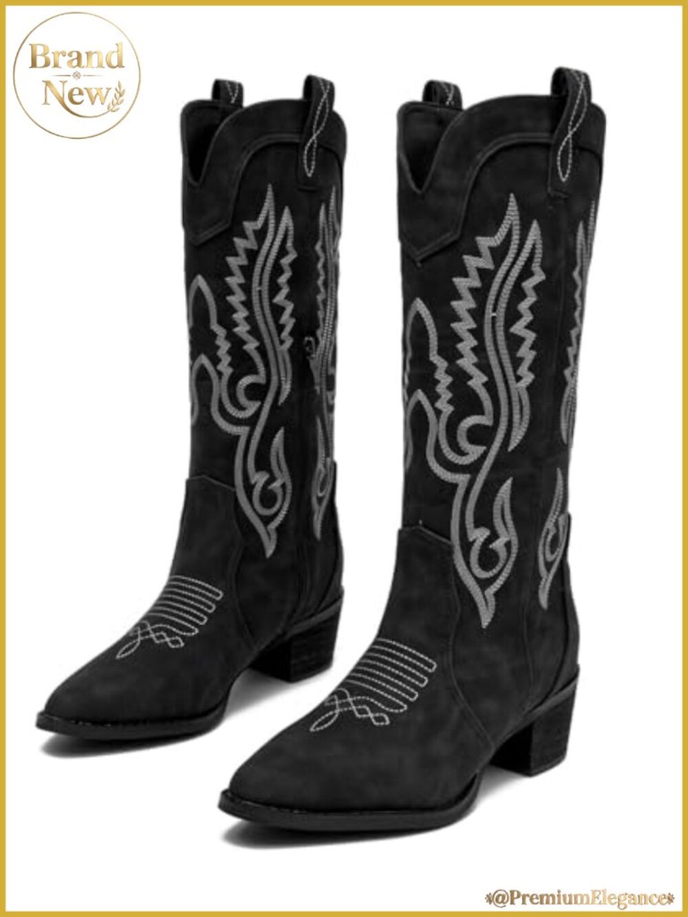 Knee High Cowgirl Boots Faux Leather Chunky Heel Embroidered